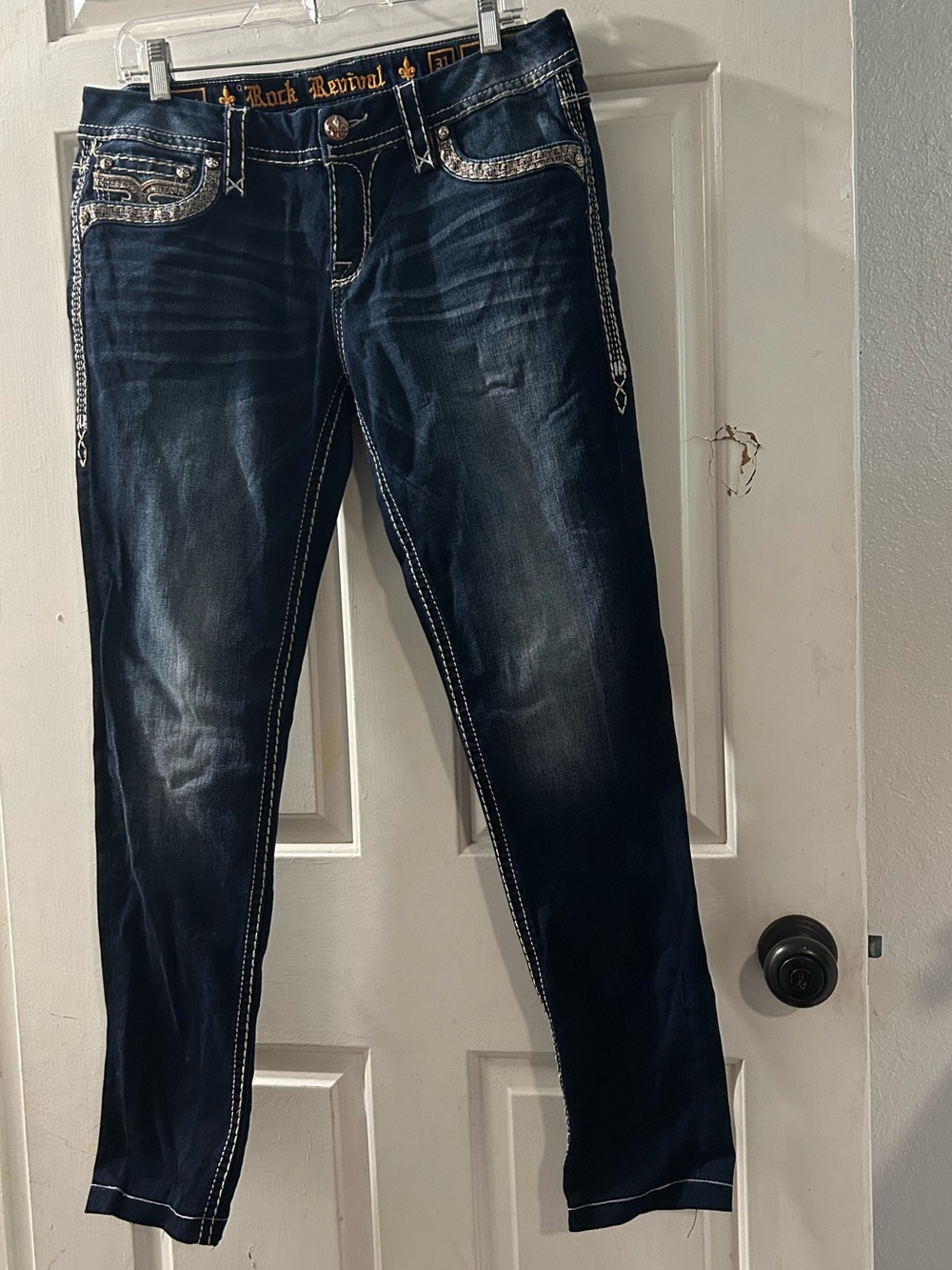 Rock Revival Dark Indigo Skinny Jeans with Embellished Pockets